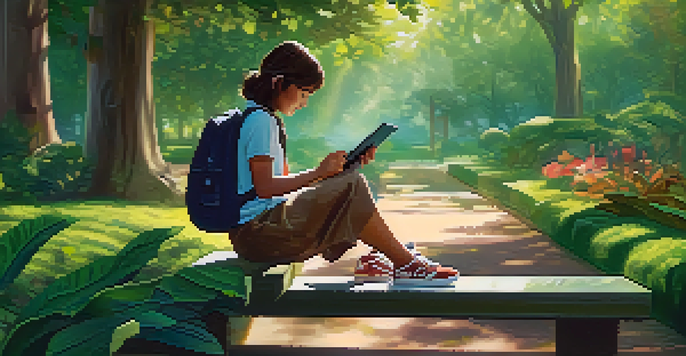 A student using a tablet in a park, surrounded by greenery, engaged in mobile learning.