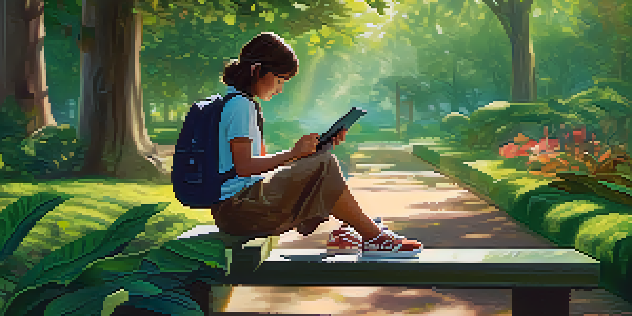 A student using a tablet in a park, surrounded by greenery, engaged in mobile learning.