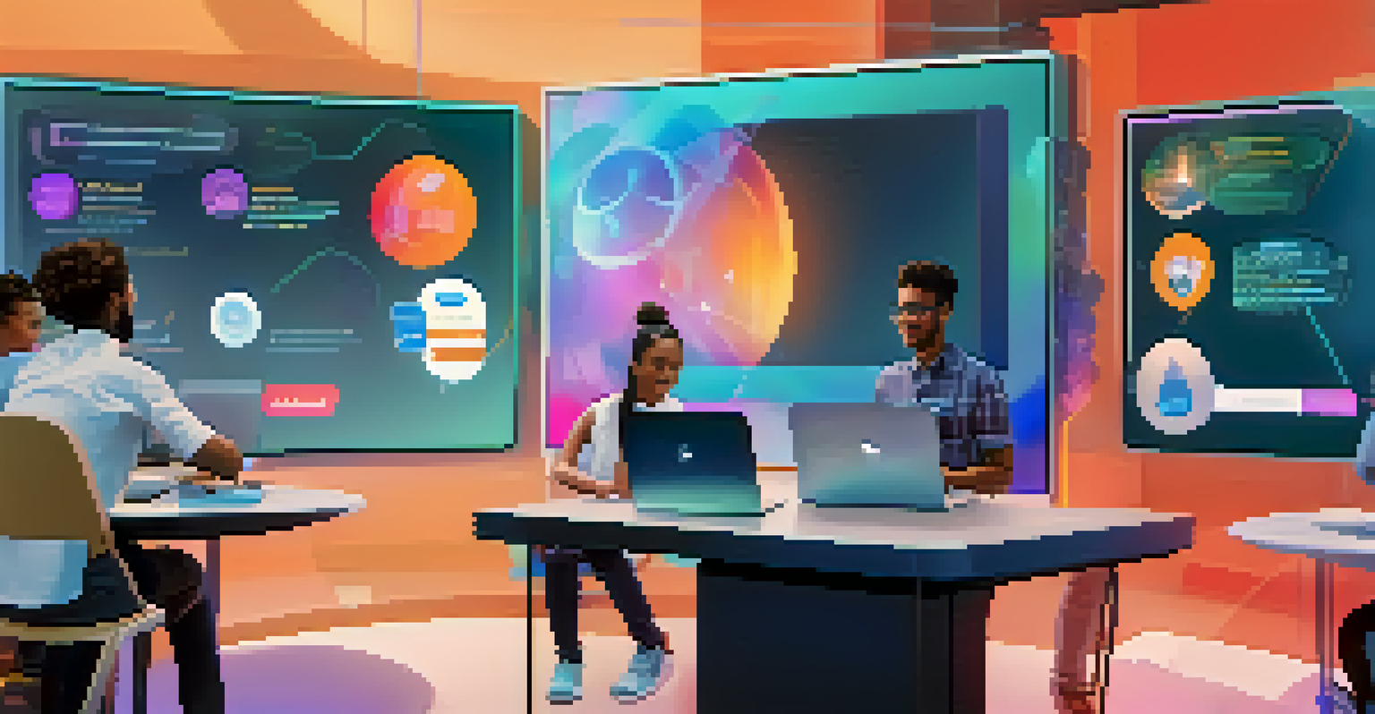 A futuristic virtual classroom with avatars of students engaged in an online discussion, surrounded by interactive icons and holographic elements.