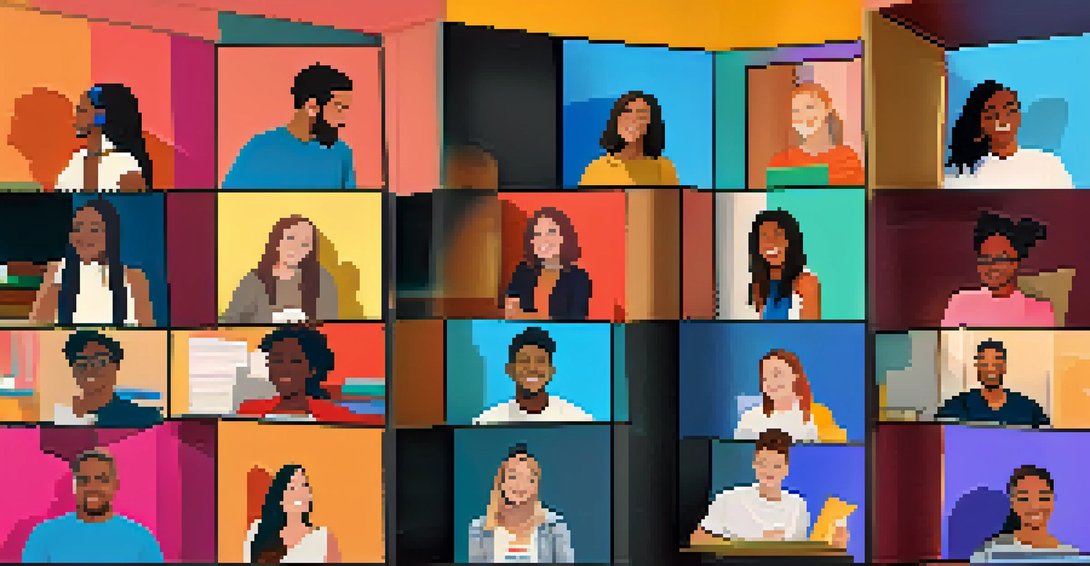 A diverse group of students participating in a virtual study session on a video call, showing engagement and collaboration.