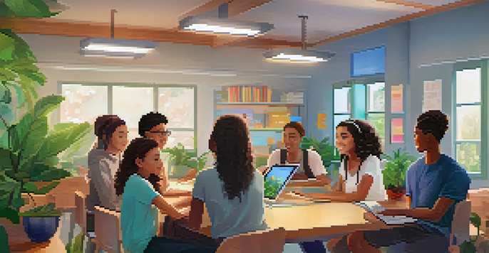 A diverse group of students discussing around a digital tablet in a cozy and modern classroom with bookshelves and plants.