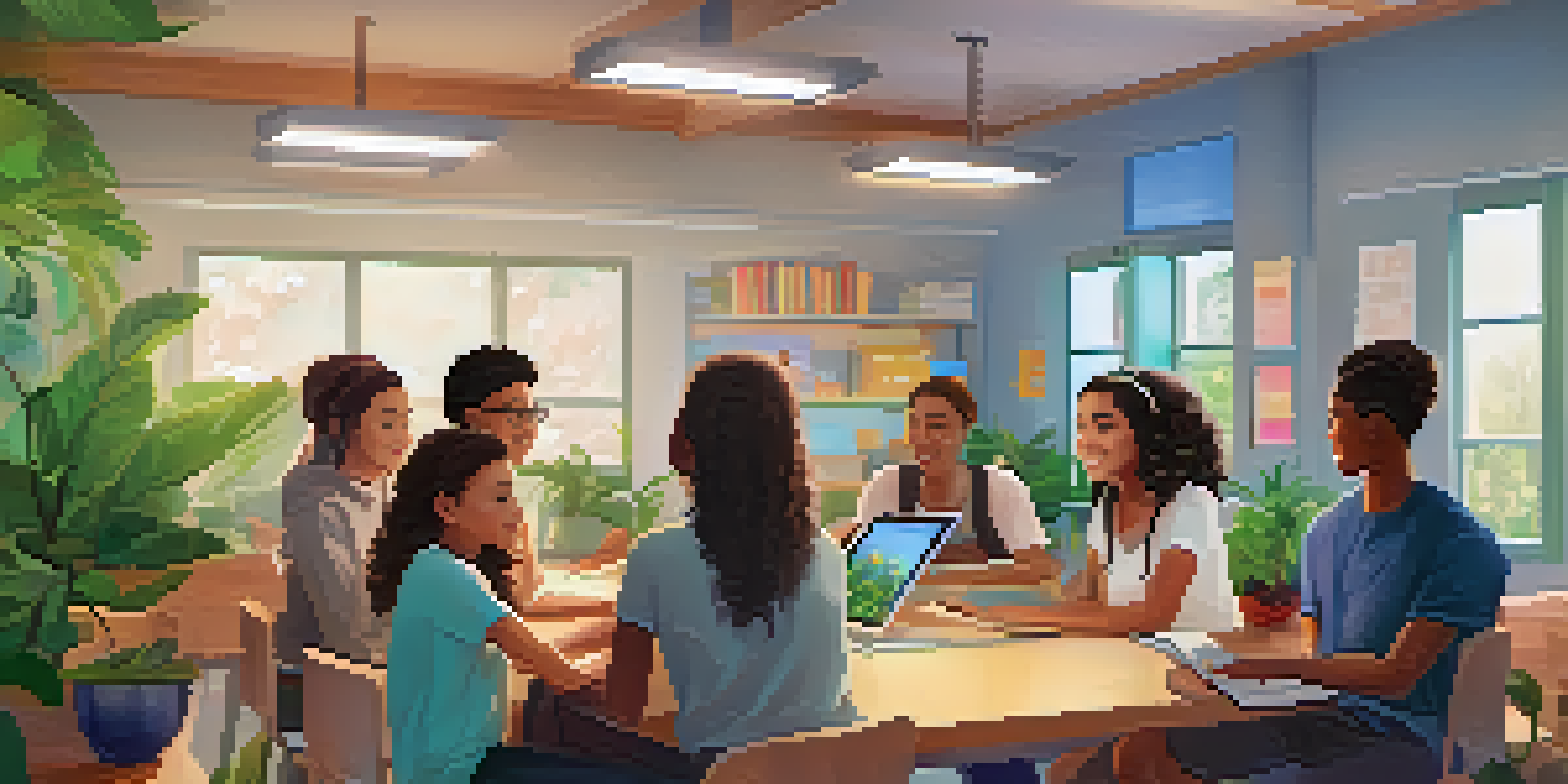 A diverse group of students discussing around a digital tablet in a cozy and modern classroom with bookshelves and plants.