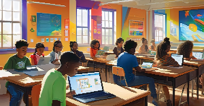 A diverse group of students in a modern classroom using technology for collaborative learning, with sunlight illuminating the space.
