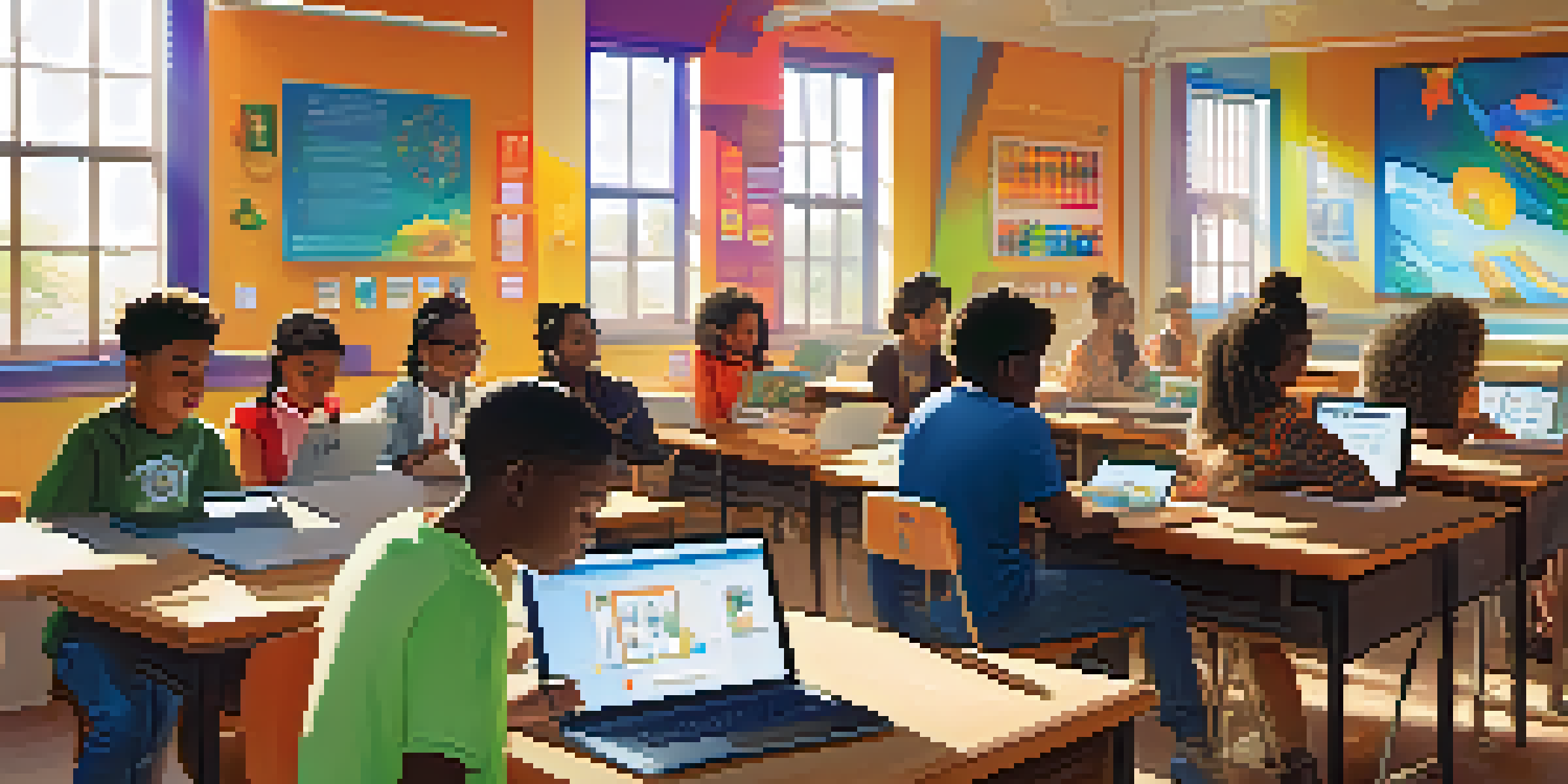 A diverse group of students in a modern classroom using technology for collaborative learning, with sunlight illuminating the space.
