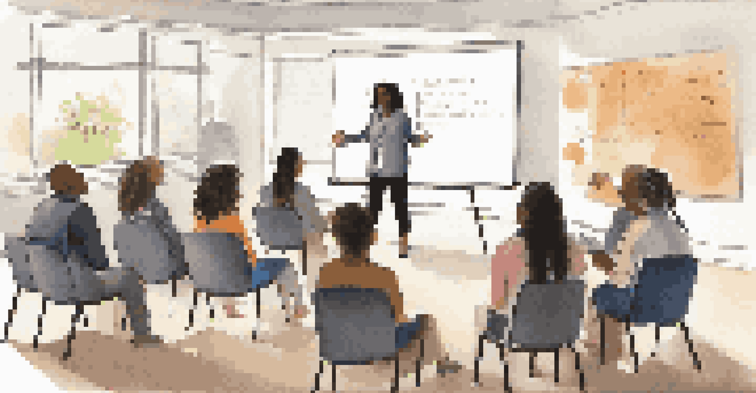 An educator conducting a workshop on cultural sensitivity, with teachers engaged in discussion and notes on inclusive teaching visible in the background.