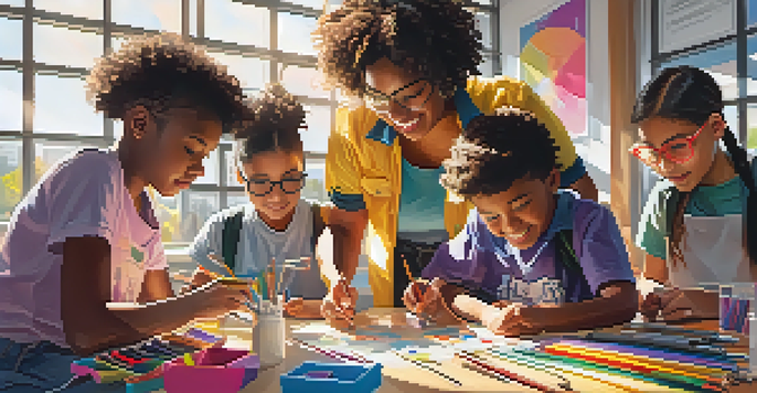 A diverse group of students working together on a STEAM project in a bright classroom filled with art supplies and technology.