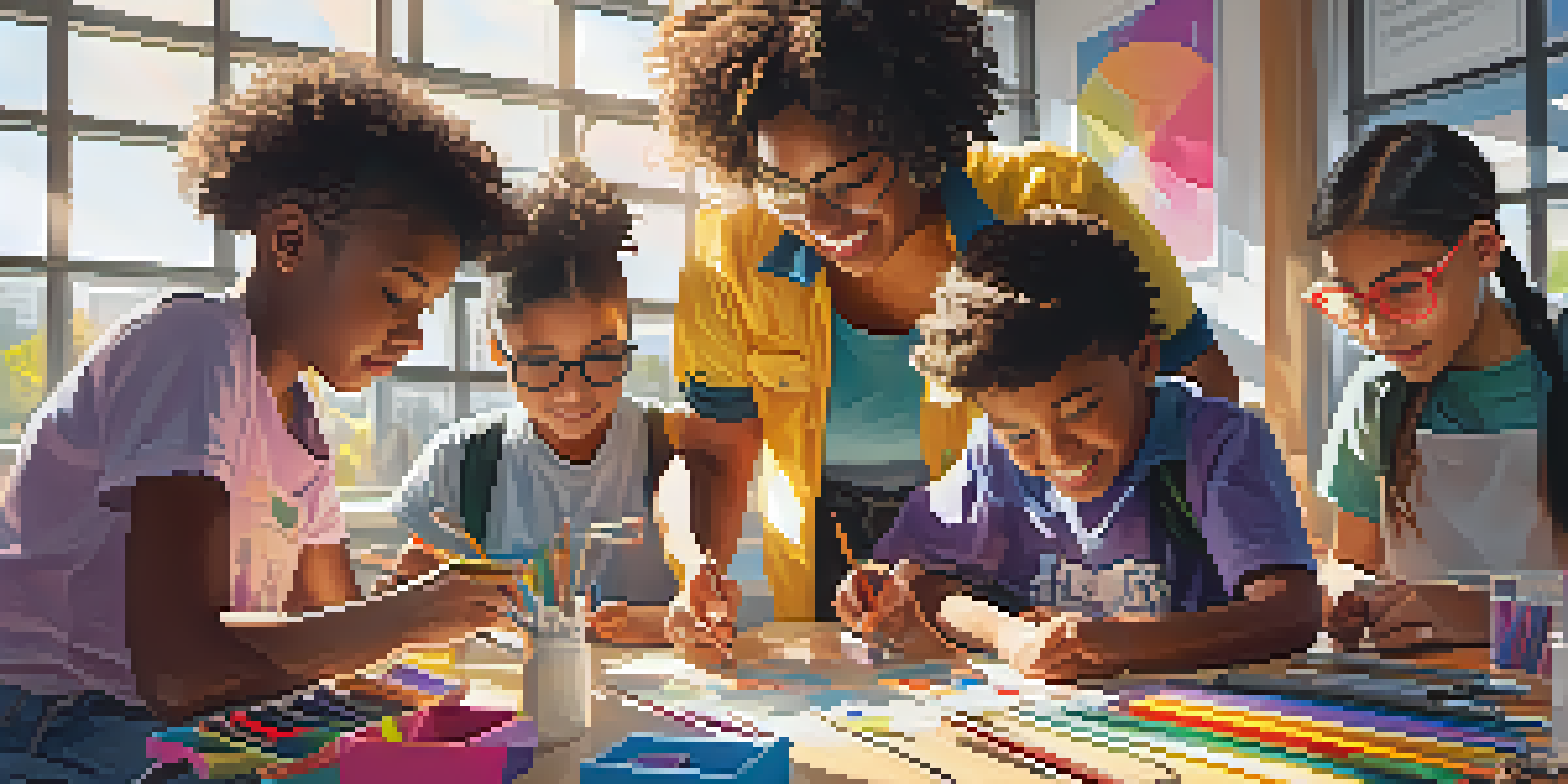 A diverse group of students working together on a STEAM project in a bright classroom filled with art supplies and technology.