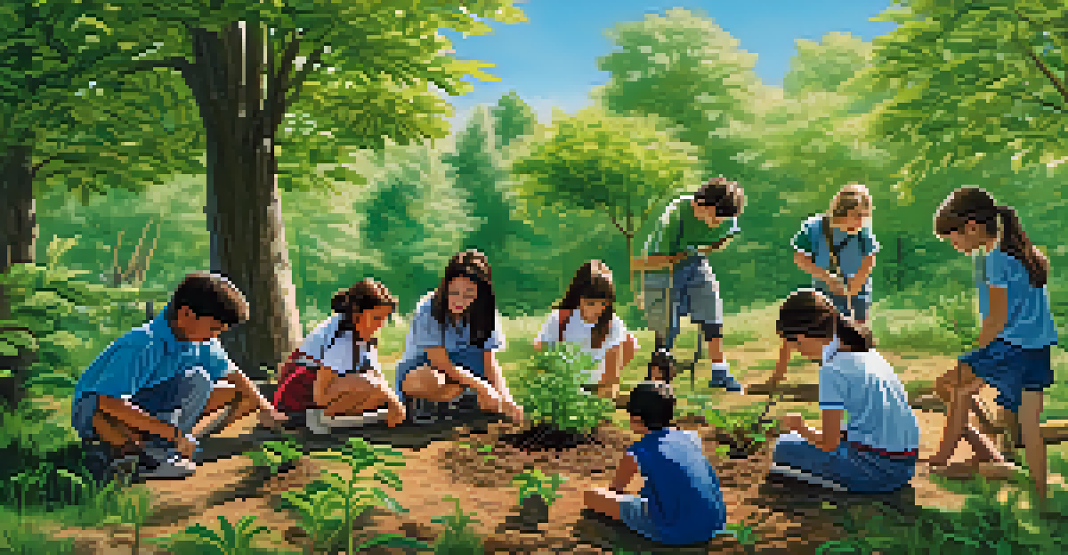 Students outdoors participating in an environmental education activity, planting trees and exploring nature, with a teacher assisting them in a sunny and lush environment.