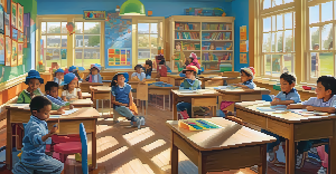 A lively classroom scene with children laughing and learning, a teacher wearing funny props, and bright sunlight illuminating the space.