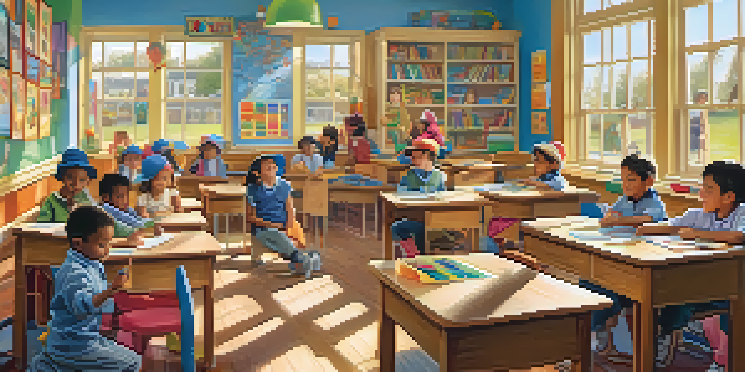 A lively classroom scene with children laughing and learning, a teacher wearing funny props, and bright sunlight illuminating the space.