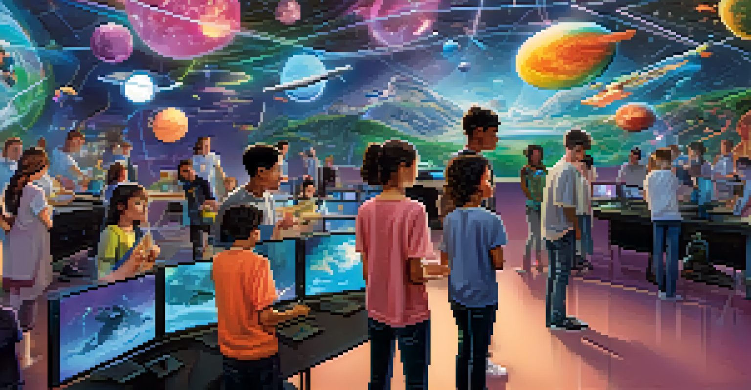 Students using virtual reality headsets in a high-tech classroom, fully engaged in an immersive educational game.