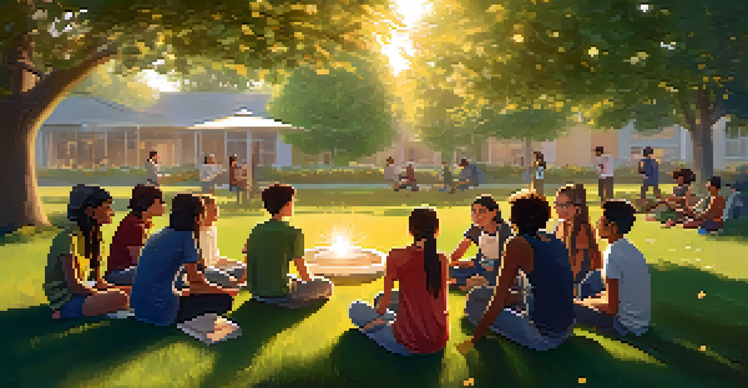 A group of diverse students sitting in a circle outdoors, sharing ideas and collaborating in a sunny environment.
