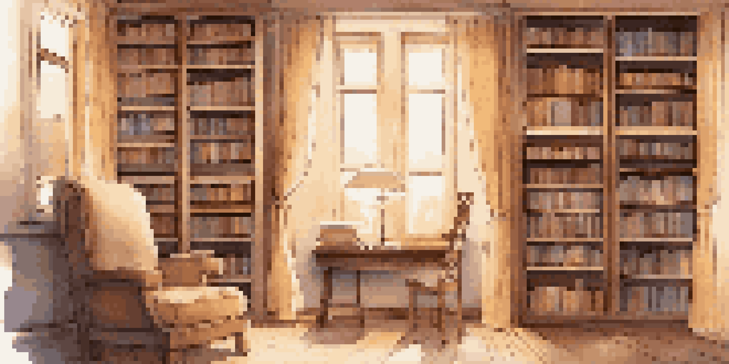 A cozy library interior with wooden shelves full of books, a comfortable reading nook, and warm lighting.
