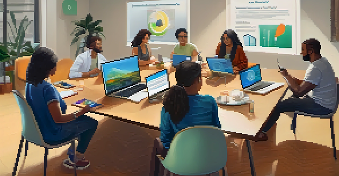 A group of diverse individuals participating in a digital literacy workshop, surrounded by laptops and engaging in discussion.