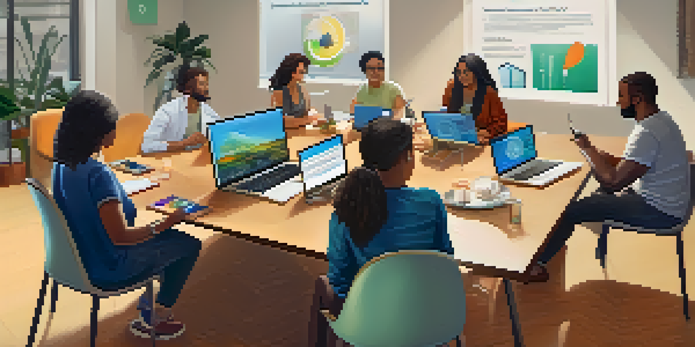A group of diverse individuals participating in a digital literacy workshop, surrounded by laptops and engaging in discussion.