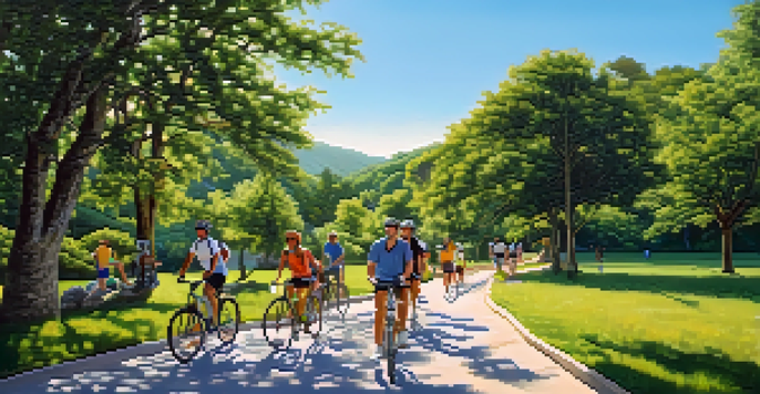 A diverse group of people enjoying various outdoor physical activities like hiking and cycling in a vibrant green landscape under a sunny blue sky.