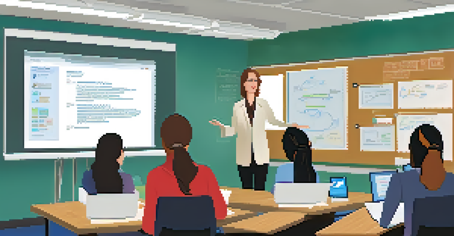 A teacher leading a workshop for educators on integrating technology into teaching, with a projector and modern tech tools.