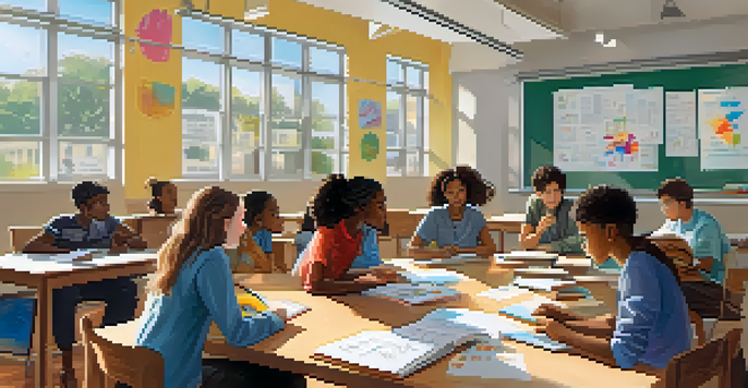 A group of diverse students collaborating on a project in a modern classroom, surrounded by books and laptops.