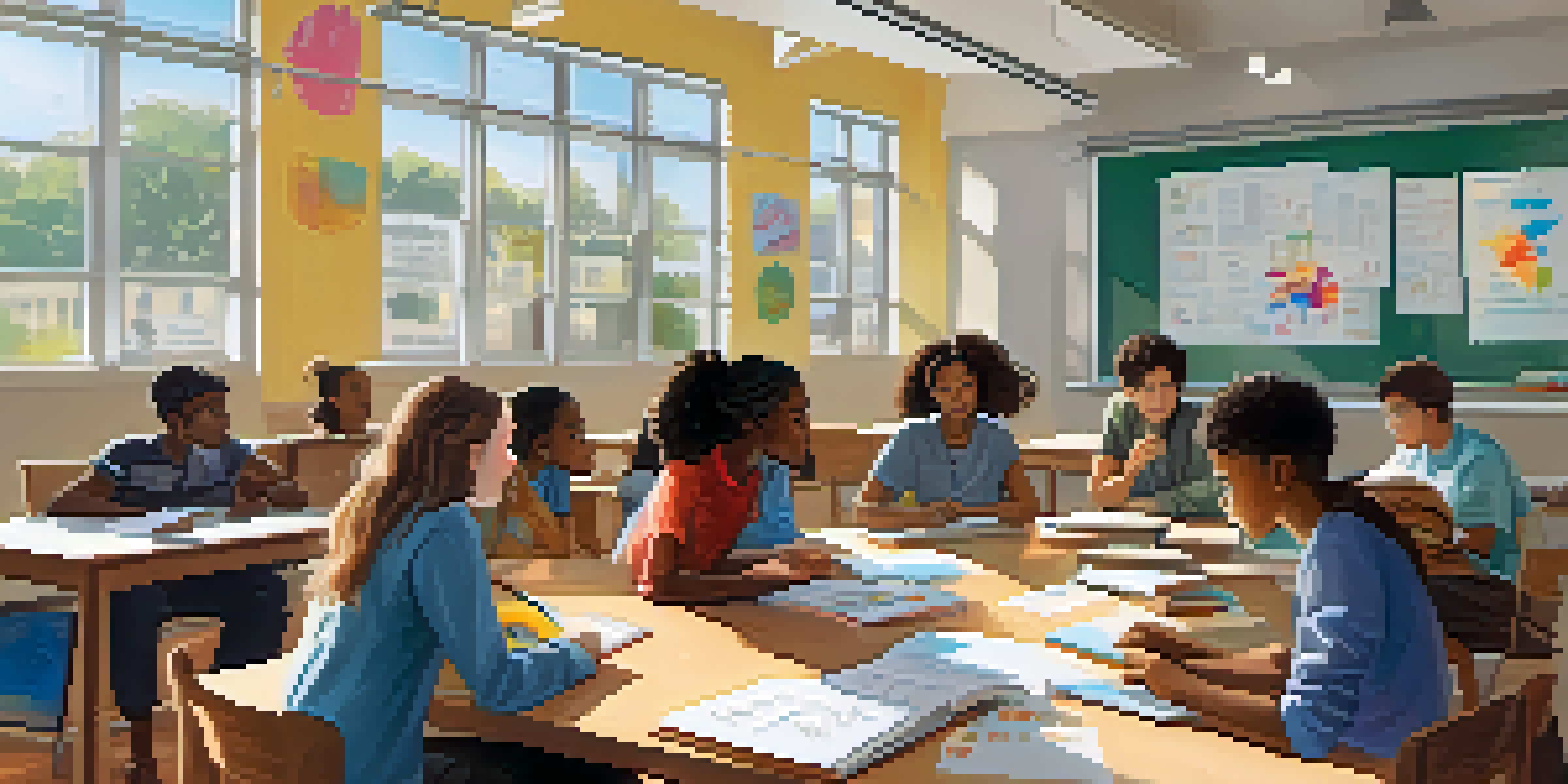 A group of diverse students collaborating on a project in a modern classroom, surrounded by books and laptops.
