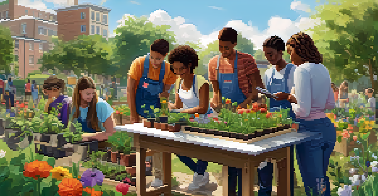 A diverse group of students working together in a community garden, discussing and planting seeds under a sunny sky.