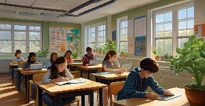 A classroom with students using laptops and engaging in discussion with an instructor, illuminated by natural light.
