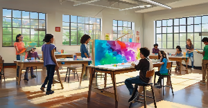 A diverse group of students collaborating on an interdisciplinary project in a bright classroom, with science experiments and artistic creations visible.