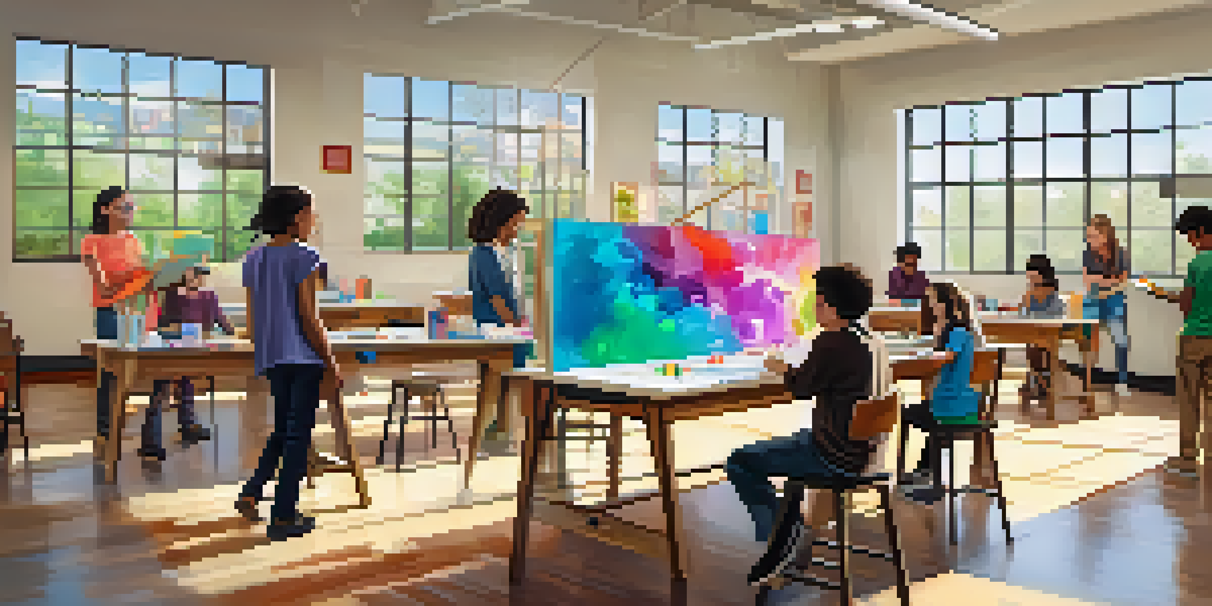 A diverse group of students collaborating on an interdisciplinary project in a bright classroom, with science experiments and artistic creations visible.