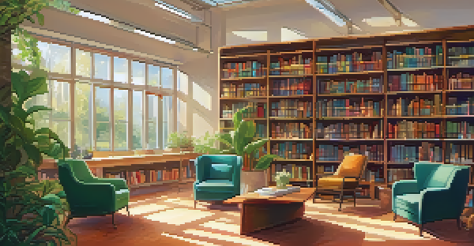 A peaceful library with wooden shelves of books, sunlight streaming in, and students discussing in cozy reading areas.