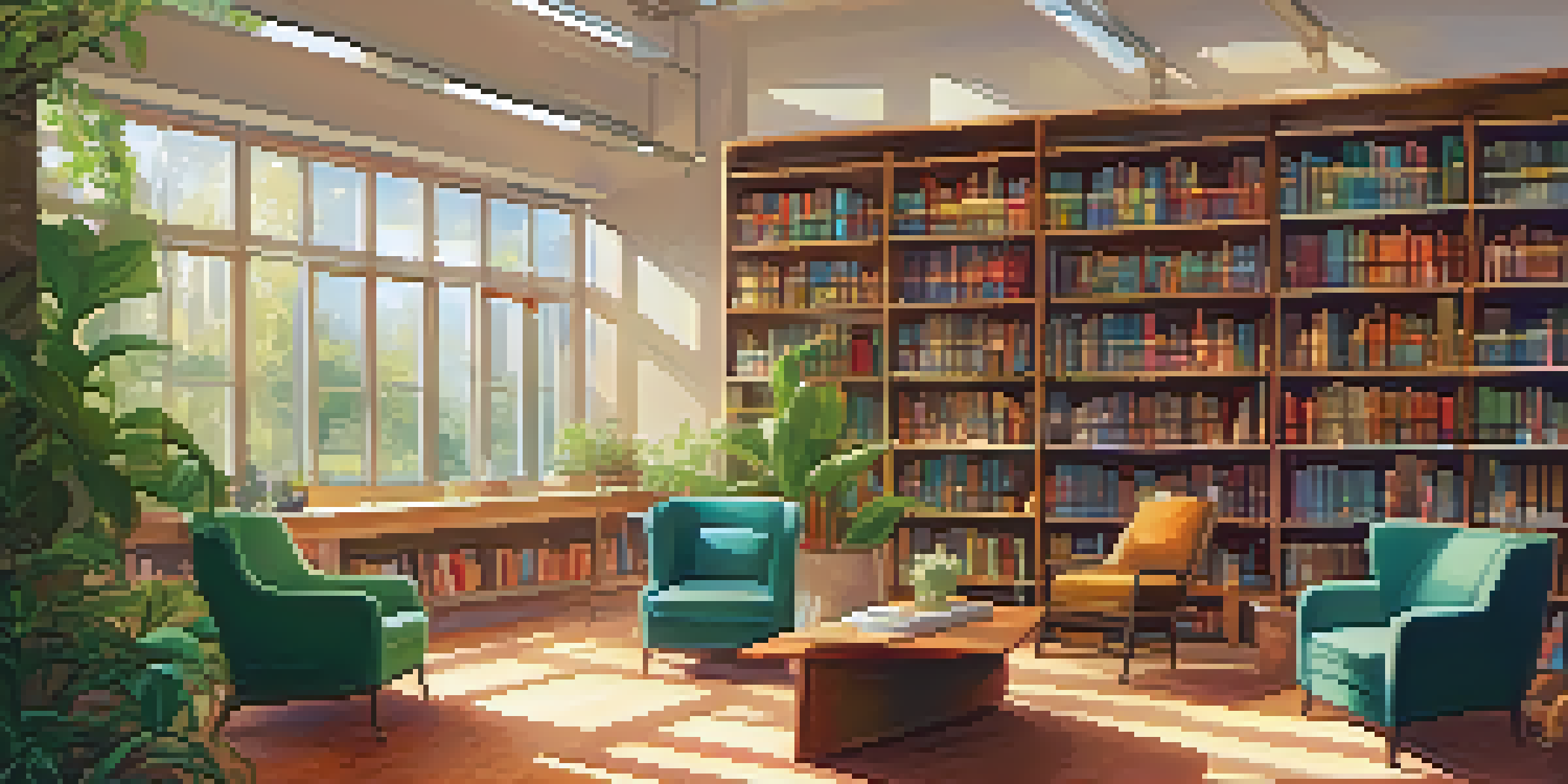 A peaceful library with wooden shelves of books, sunlight streaming in, and students discussing in cozy reading areas.