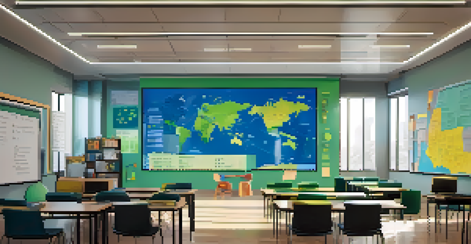A modern online classroom with a digital screen showing a world map, surrounded by post-it notes with cultural symbols, in a vibrant and inviting atmosphere.