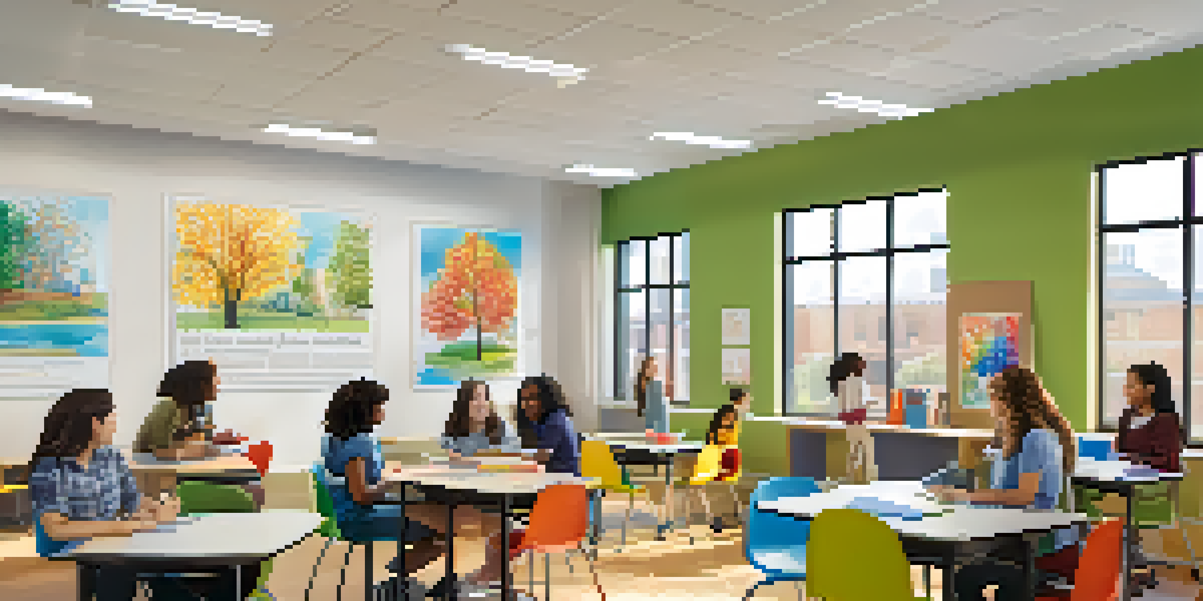 A vibrant, modern classroom filled with students engaged in group activities, showcasing flexible seating and natural light.