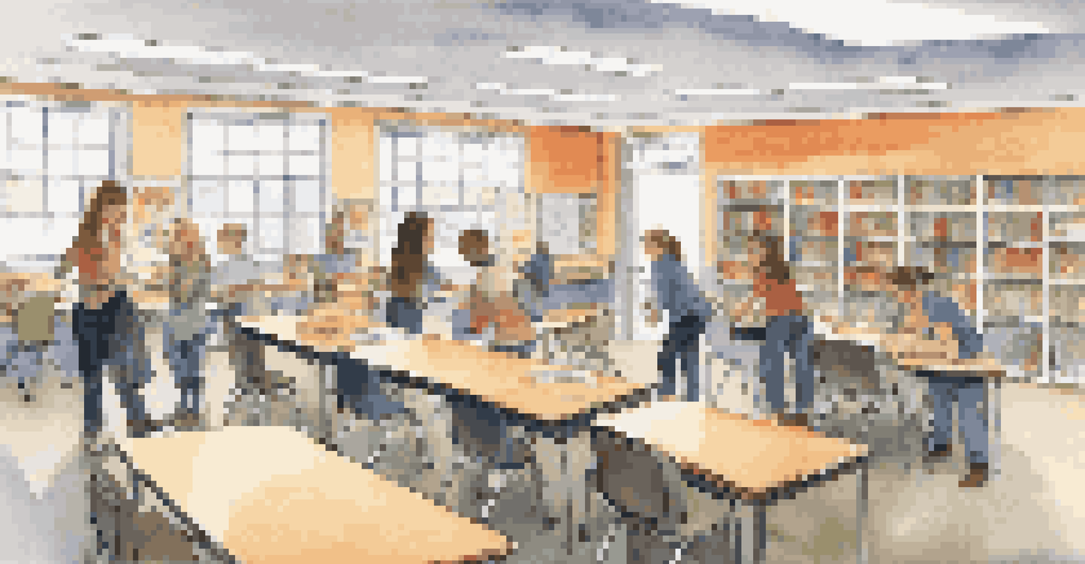 An educator rearranging movable desks in a flexible classroom layout for group work, with a bright and organized environment filled with educational materials.