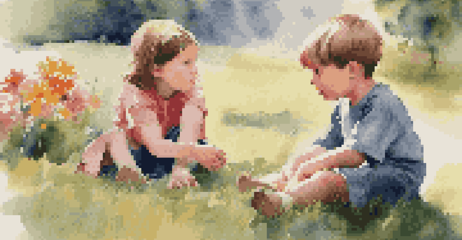 Two children sitting on the grass, animatedly discussing a game, with one pointing to a toy and the other listening intently in a lush garden setting.
