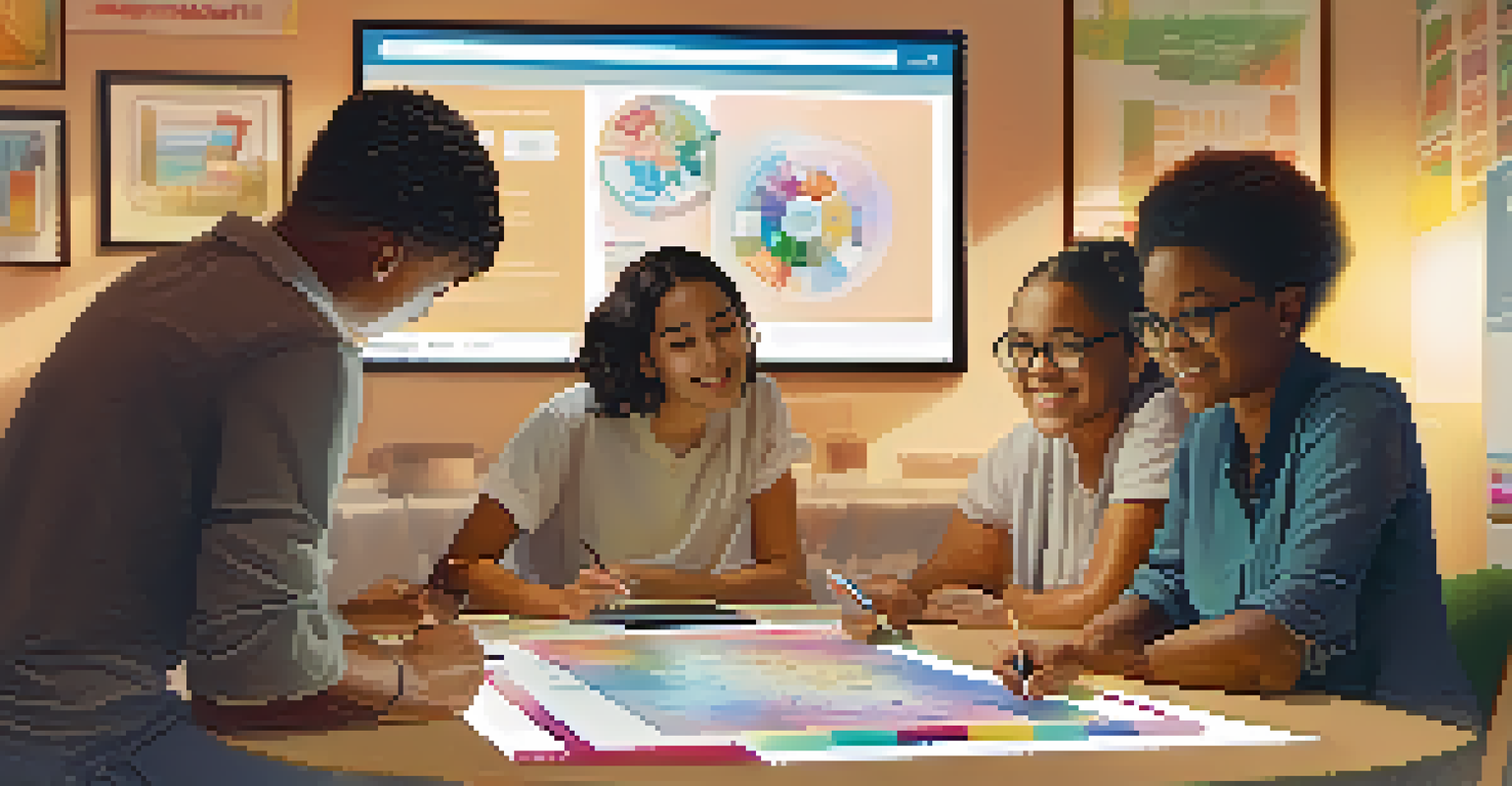 A diverse group of adult learners collaborating around a table with a large touchscreen display for a digital assessment. The room is lively and warm, filled with educational materials.