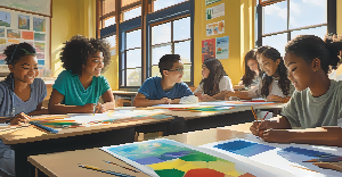 A vibrant classroom with students from different backgrounds working together on a project, surrounded by bright colors and natural light.