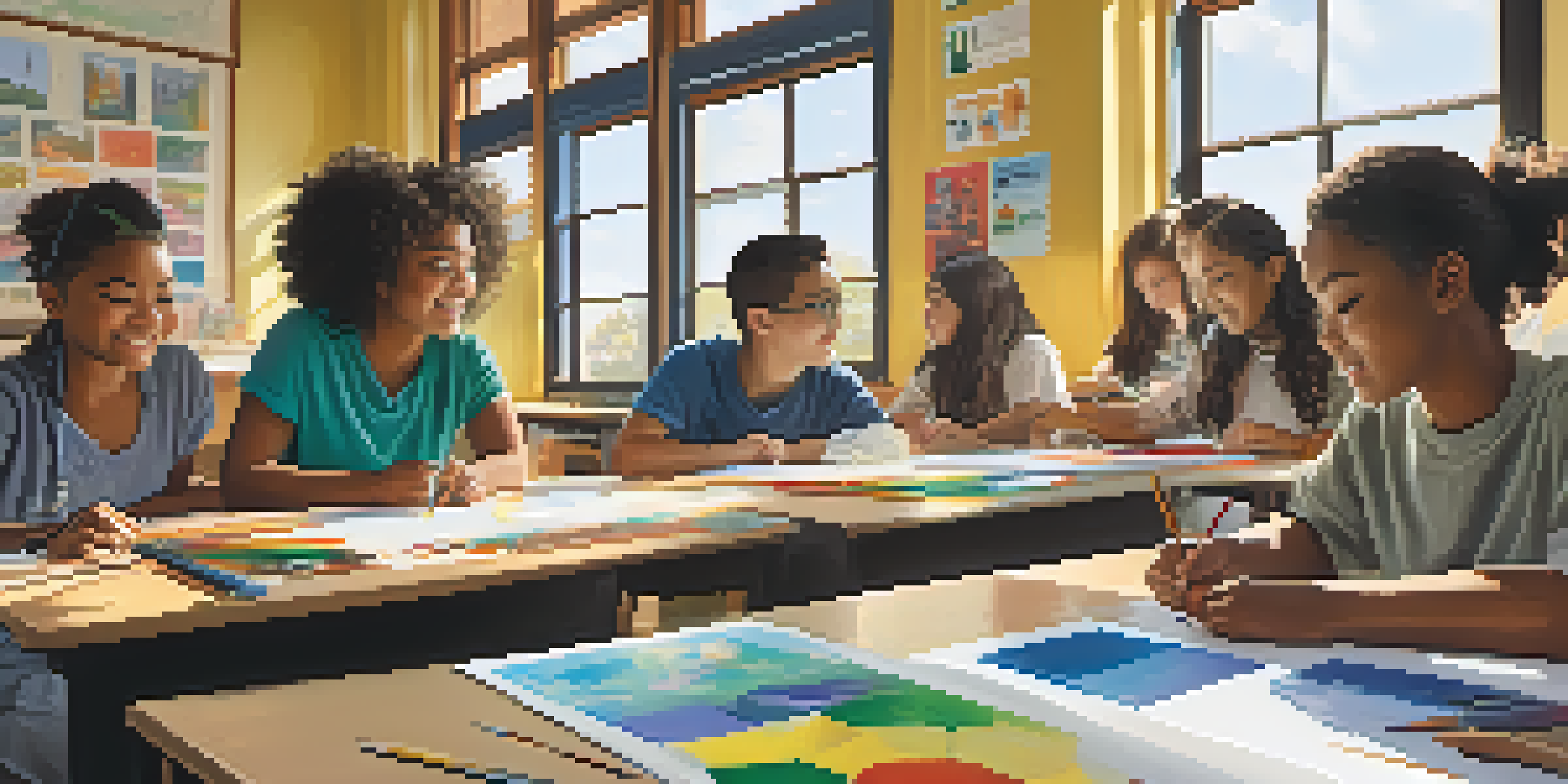A vibrant classroom with students from different backgrounds working together on a project, surrounded by bright colors and natural light.