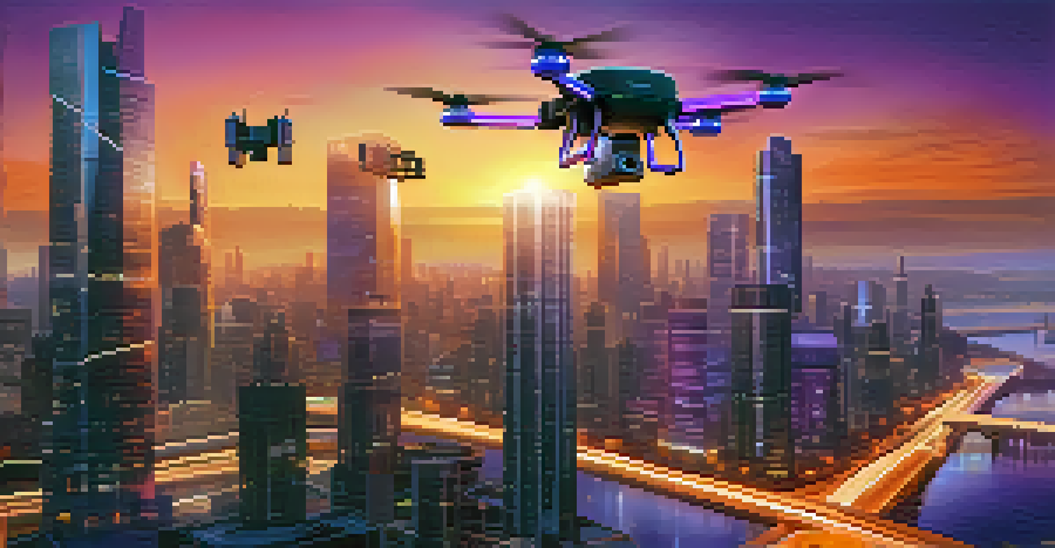 A futuristic cityscape at dusk with drones and smart technology, showcasing the integration of STEM innovations in public safety.