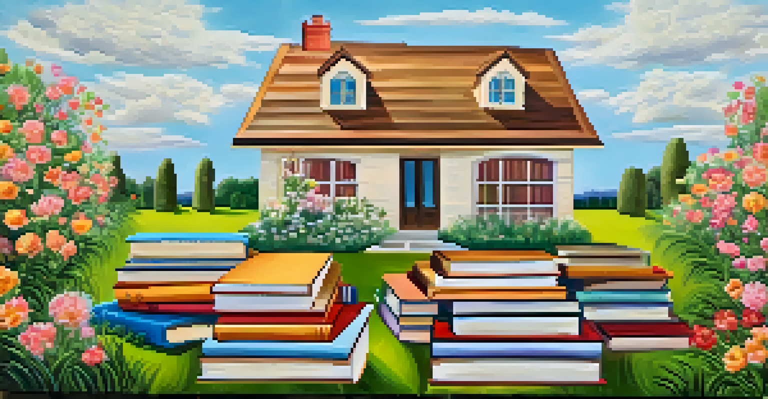 A house made of colorful books representing grammar, set against a serene garden background.