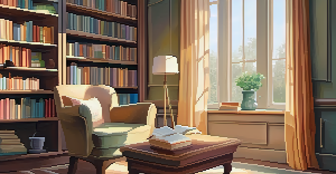 A cozy reading nook with an armchair, bookshelves, a cup of tea, and soft lighting.