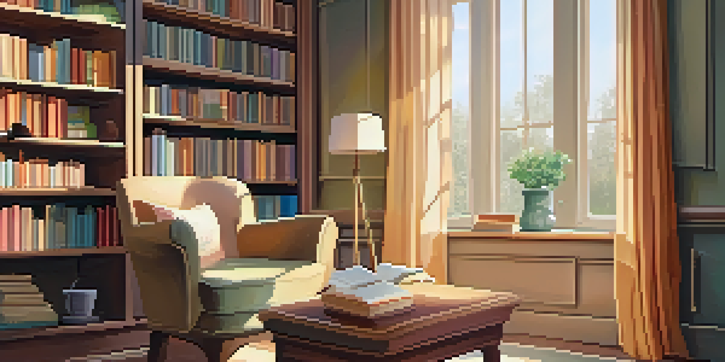 A cozy reading nook with an armchair, bookshelves, a cup of tea, and soft lighting.