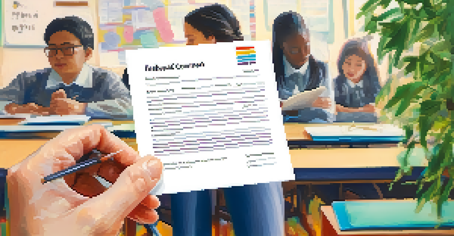 Close-up of hands holding a feedback form with colorful comments, set against a blurred classroom environment.