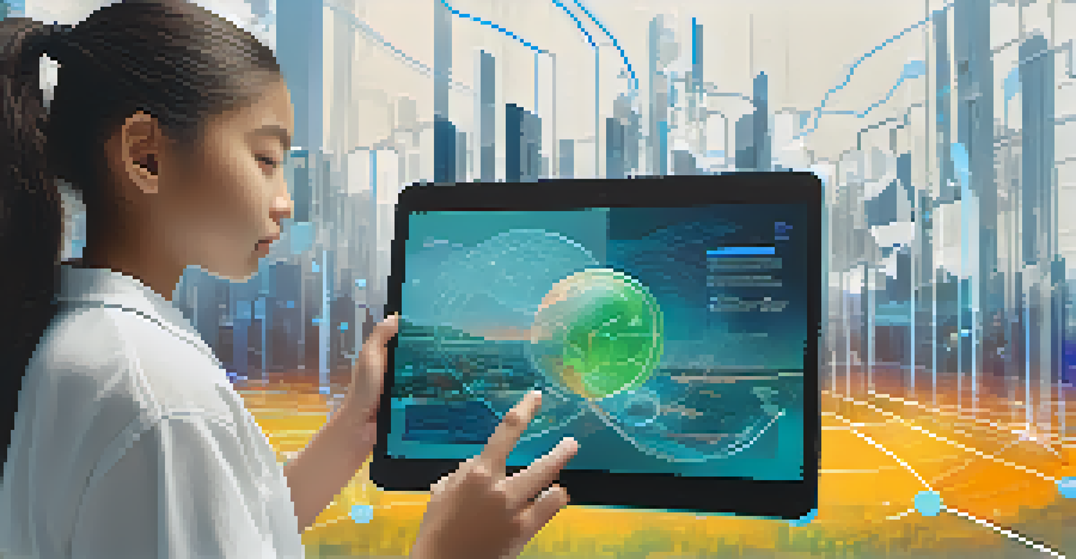 A student interacting with an AI-driven assessment tool on a tablet, set against a digital landscape with floating data visualizations.