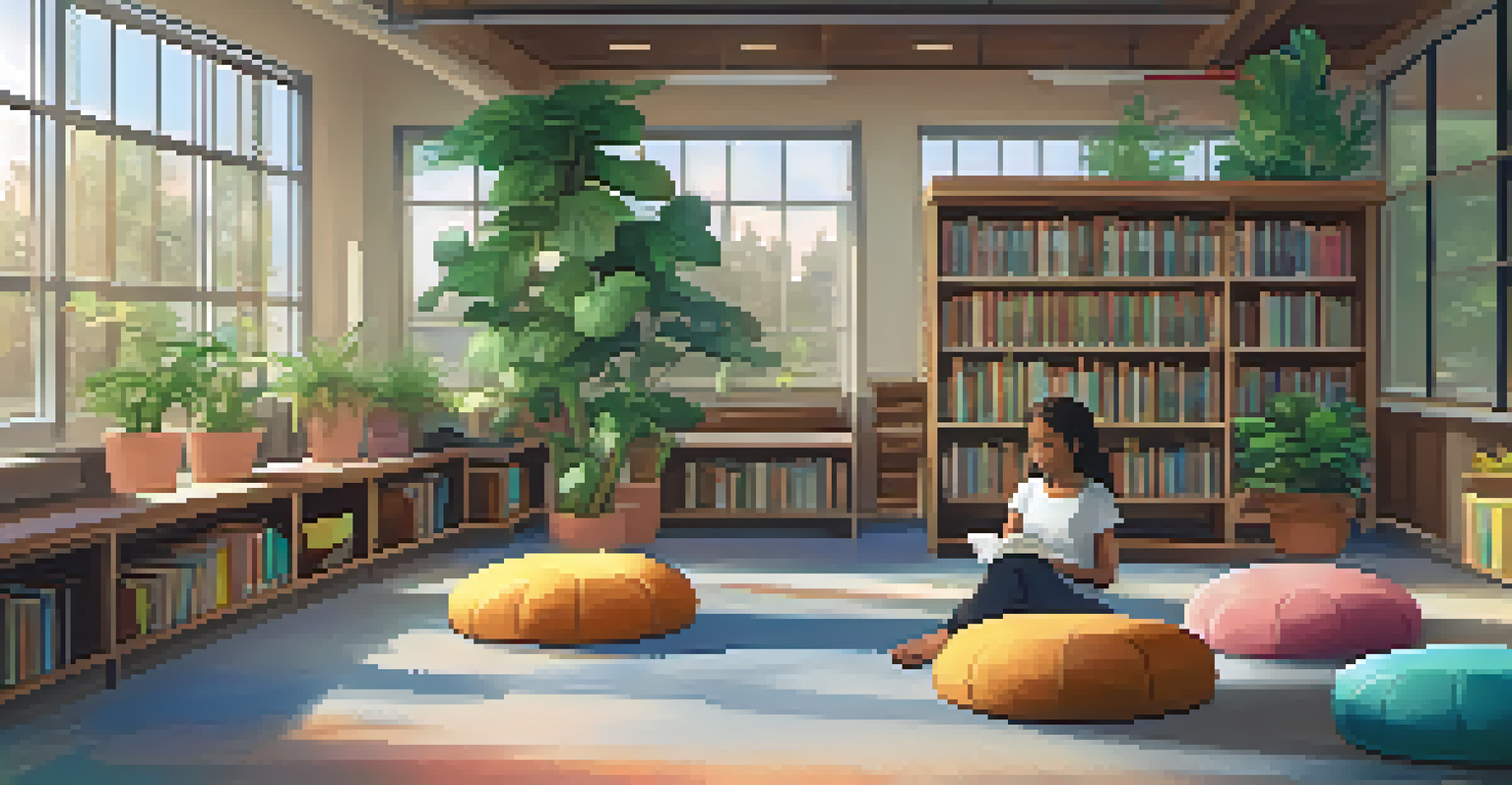 A cozy mindfulness corner in a school library with bean bags, plants, and students reading about mindfulness.