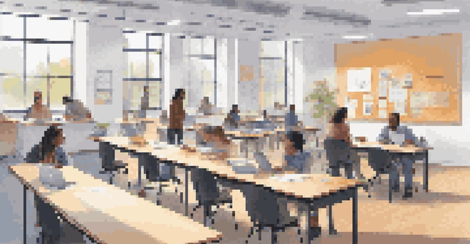 A modern classroom with students participating in hybrid learning, some at desks and others on laptops, illuminated by natural light.