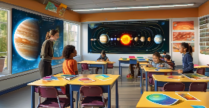 A diverse group of students in a bright classroom using augmented reality to learn about the solar system and human anatomy.
