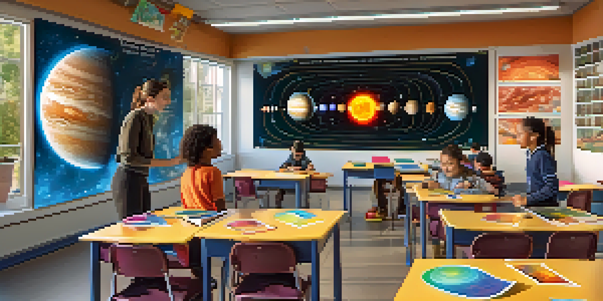 A diverse group of students in a bright classroom using augmented reality to learn about the solar system and human anatomy.