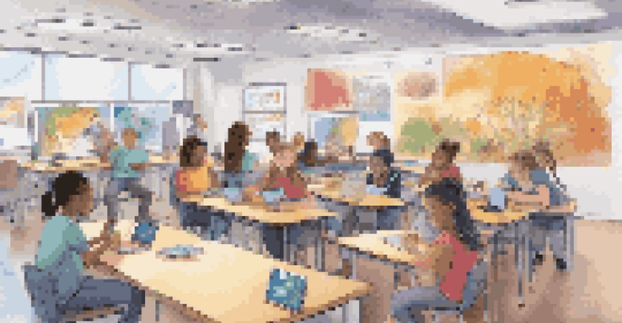 A lively classroom where diverse students are working together on a digital storytelling project, surrounded by technology and colorful educational materials.