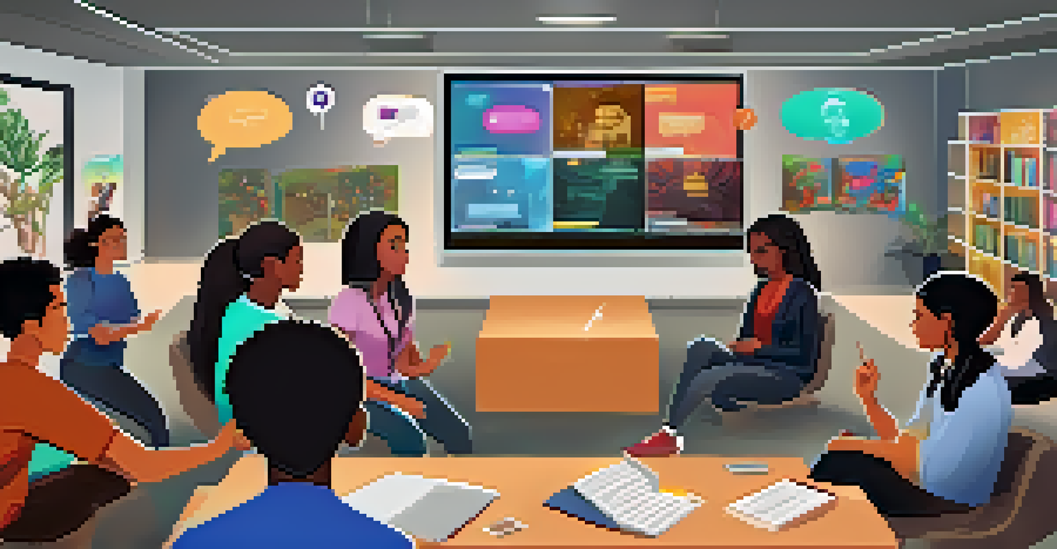 Students engaged in a virtual discussion in breakout rooms, surrounded by cultural themes and collaborative elements.