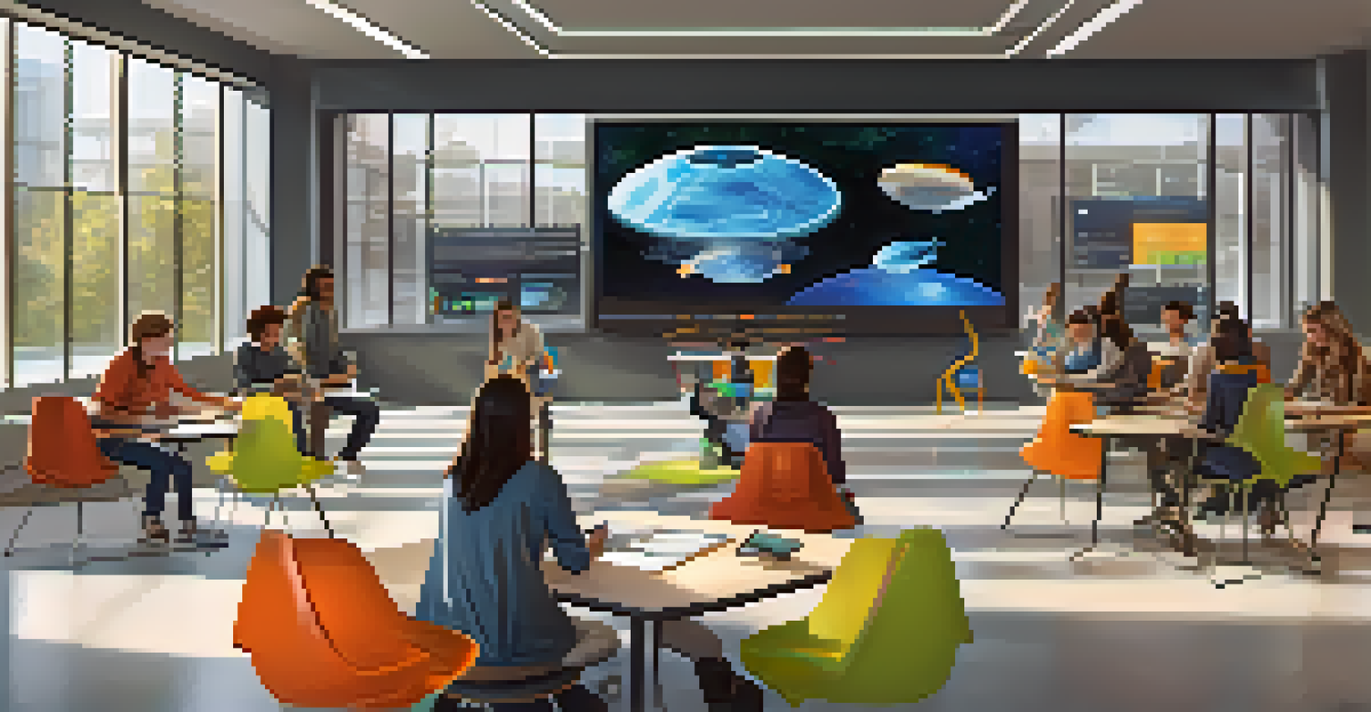 A modern classroom with students using adaptive learning software on personal devices in a bright space.
