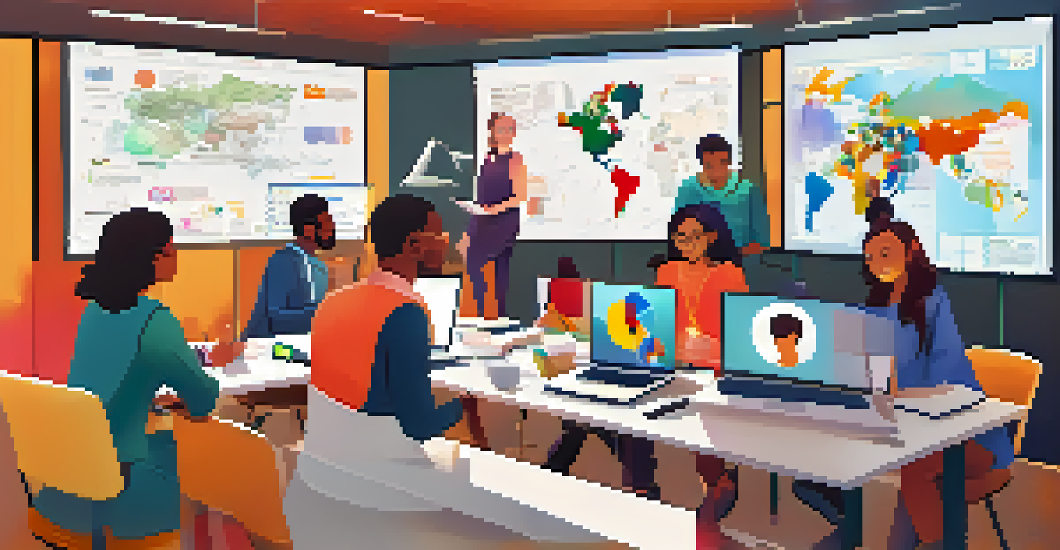 A group of diverse researchers collaborating on a video call, surrounded by maps and charts in a bright, modern workspace.